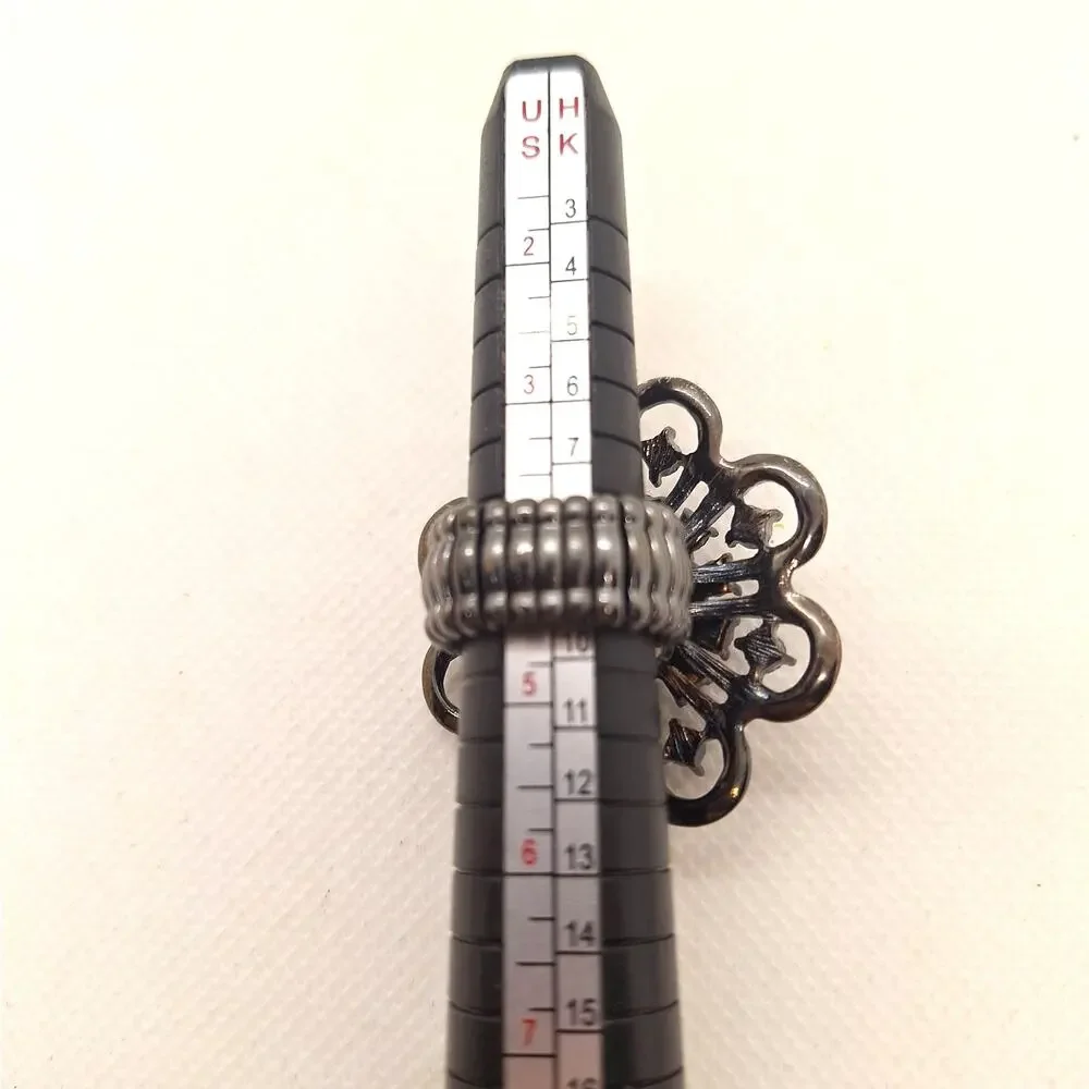 Stretch Statement Ring Clear & Black Rhinestones Gunmetal Tone
